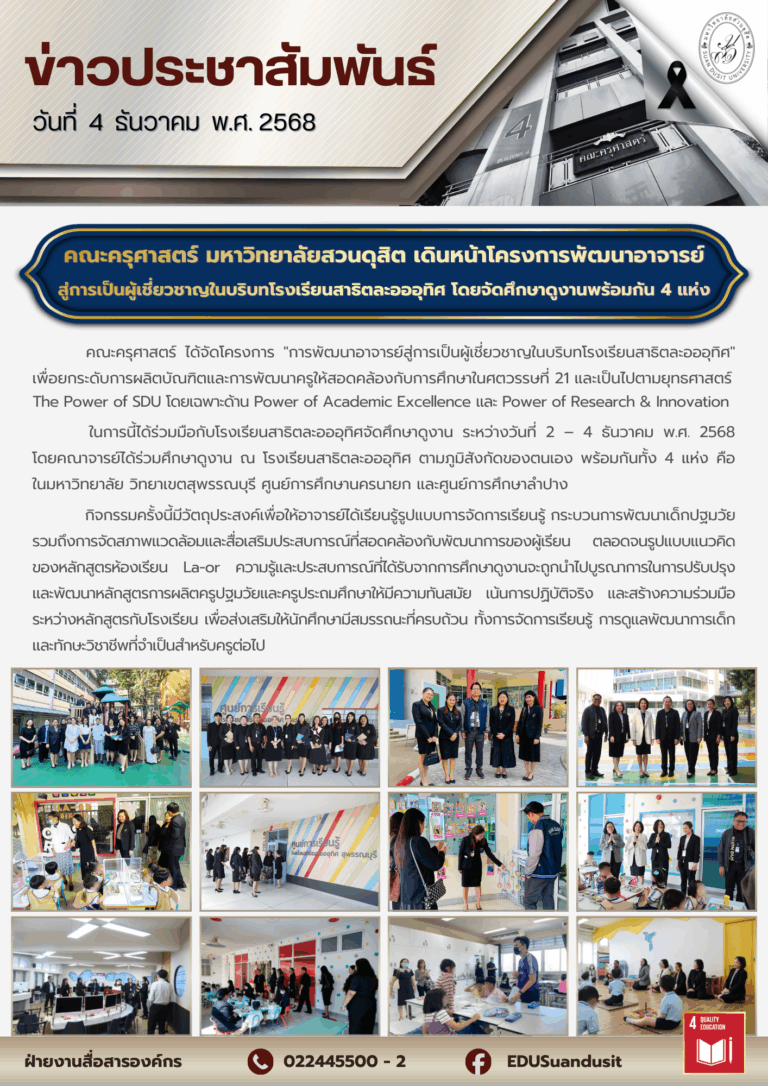 4 ธ.ค. 2568 – คณะครุศาสตร์ มสด. เดินหน้าโครงการพัฒนาอาจารย์สู่การเป็นผู้เชี่ยวชาญในบริบทโรงเรียนสาธิตละอออุทิศ โดยจัดศึกษาดูงานพร้อมกัน 4 แห่ง