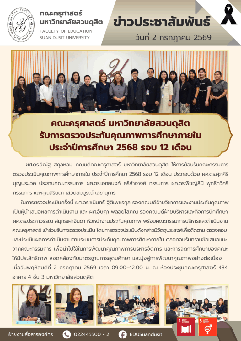 2 ก.ค. 2569 – คณะครุศาสตร์ รับการตรวจประกันคุณภาพการศึกษาภายใน ประจำปีการศึกษา 2568 รอบ 12 เดือน
